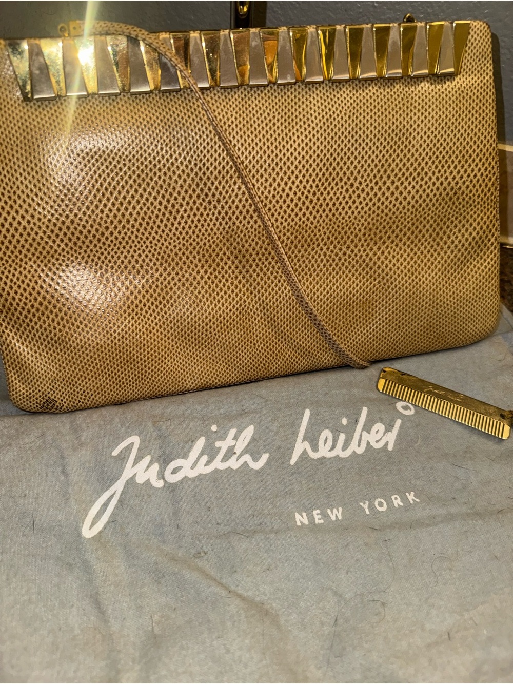 Judith Leiber Karung exotic snake skin cross body with dust bag and comb